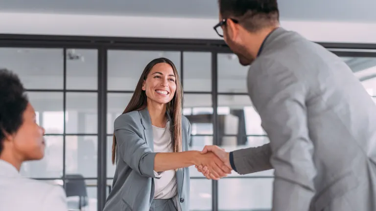 Business people handshaking across the table during a meeting in office.